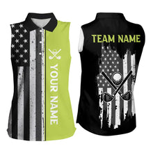 Load image into Gallery viewer, Black White Retro American Flag Women Sleeveless Polo Shirt Custom Patriotic Golf Team Shirt | Green NQS9637