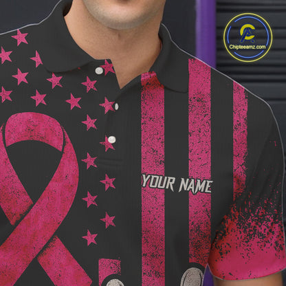 Black and Pink ribbon American Flag Breast Cancer Bowling Shirts For Men Custom Bowling Team Jerseys NQS9841