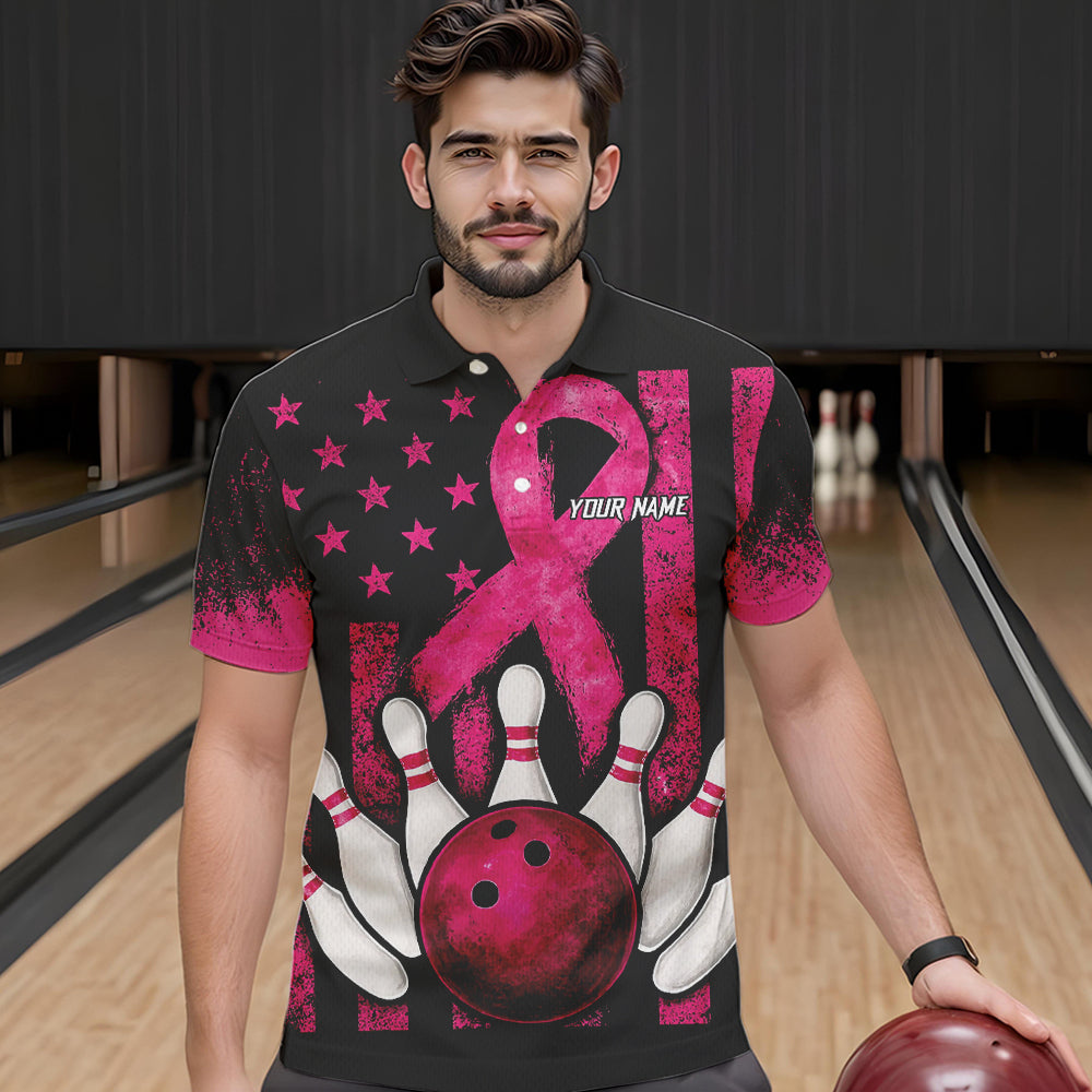 Breast Cancer Bowling Shirts For Men Custom Black and Pink ribbon American Flag Bowling Team Jerseys NQS9842