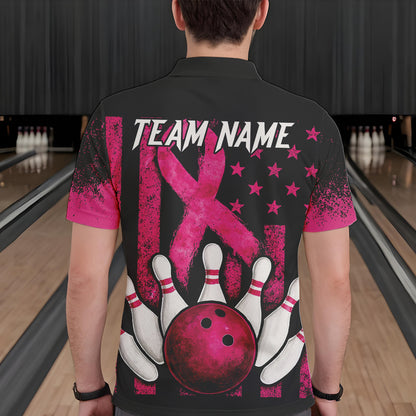 Breast Cancer Bowling Shirts For Men Custom Black and Pink ribbon American Flag Bowling Team Jerseys NQS9842