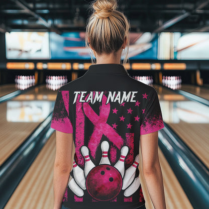 Breast Cancer Bowling Shirts For Women Custom Black and Pink ribbon American Flag Bowling Team Jerseys NQS9842