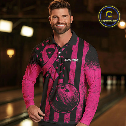 Black and Pink ribbon American Flag Bowling Shirts For Men Custom Breast Cancer team bowling shirts NQS9843