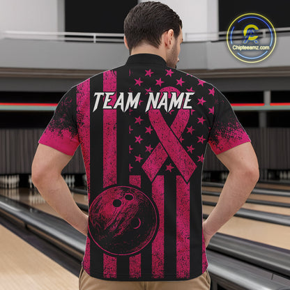Black and Pink ribbon American Flag Bowling Shirts For Men Custom Breast Cancer team bowling shirts NQS9843