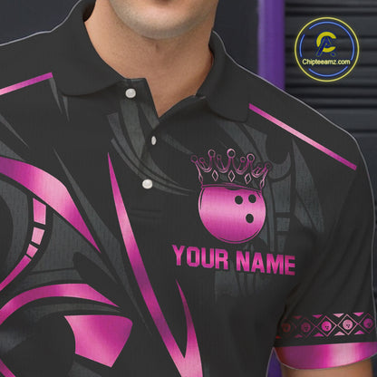 Black and Pink crown Bowling ball Polo, Quarter Zip Shirts for Men Custom Bowling Team jerseys NQS10074