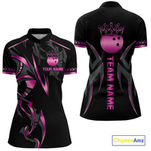 Load image into Gallery viewer, Black and Pink crown Bowling ball Polo, Quarter Zip Shirts for Women Custom Bowling Team jerseys NQS10074