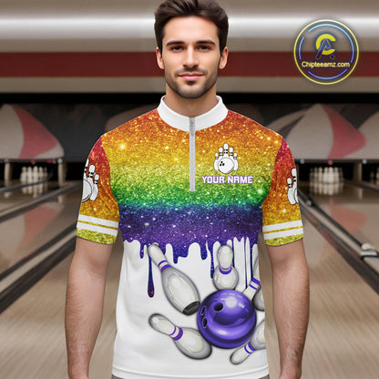 Rainbow glitter Bowling Shirts For Men Custom team bowling jerseys, Personalized bowling uniform NQS10815