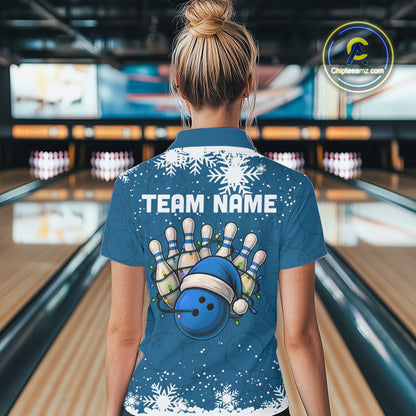 Blue Christmas Bowling snowflake Women's Bowling Polo, Quarter Zip shirts Custom Xmas Bowling Outfits NQS10995