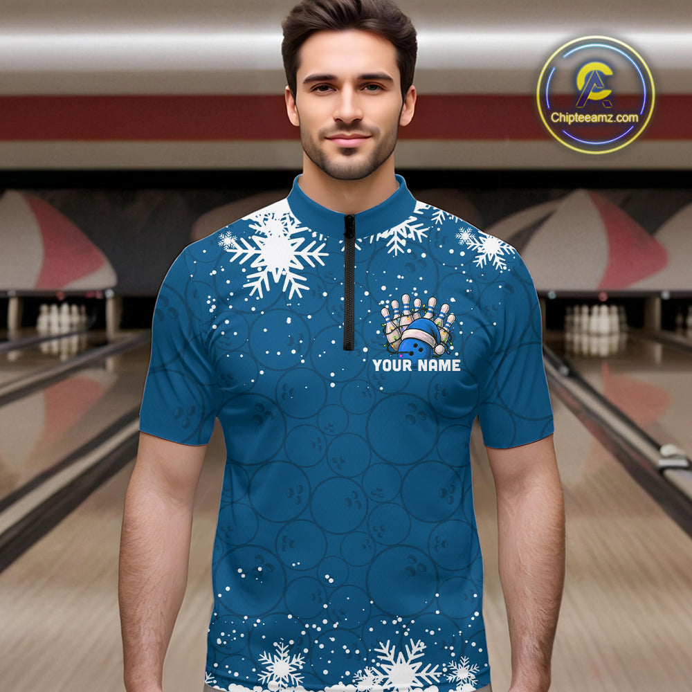 Blue Christmas Bowling snowflake Men's Bowling Polo, Quarter Zip shirts Custom Xmas Bowling Outfits NQS10995
