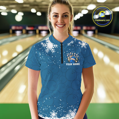 Blue Christmas Bowling snowflake Women's Bowling Polo, Quarter Zip shirts Custom Xmas Bowling Outfits NQS10995