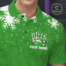 Load image into Gallery viewer, Green Christmas Bowling snowflake Men's Bowling Polo, Quarter Zip shirts Custom Xmas Bowling Outfits NQS10996