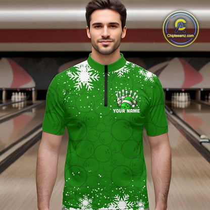 Green Christmas Bowling snowflake Men's Bowling Polo, Quarter Zip shirts Custom Xmas Bowling Outfits NQS10996