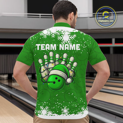Green Christmas Bowling snowflake Men's Bowling Polo, Quarter Zip shirts Custom Xmas Bowling Outfits NQS10996