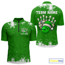 Load image into Gallery viewer, Green Christmas Bowling snowflake Men's Bowling Polo, Quarter Zip shirts Custom Xmas Bowling Outfits NQS10996
