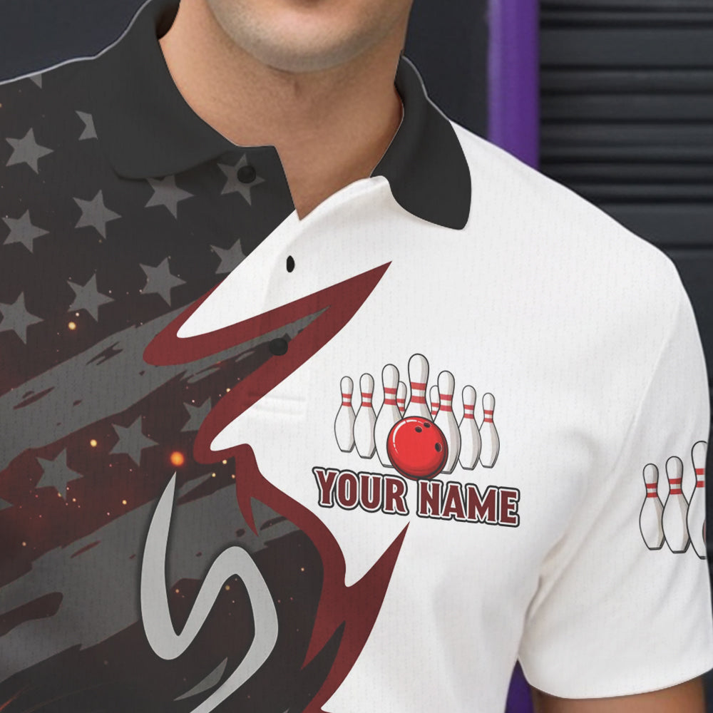 Black and White American flag Bowling jersey Custom Patriotic Bowling Polo, 1/4 Zip Shirts For Men NQS10999
