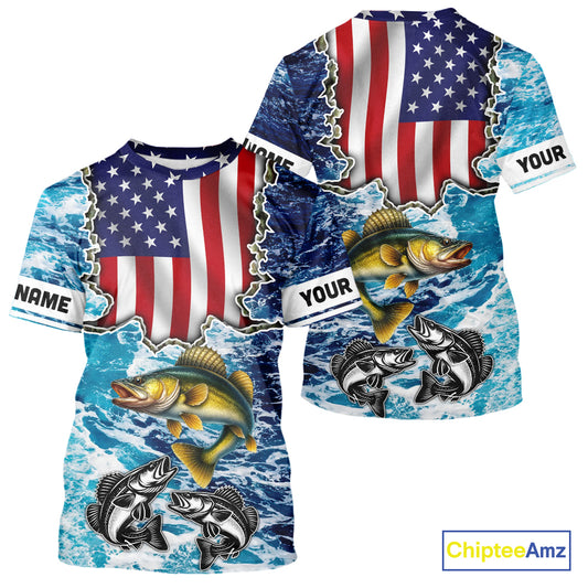American Flag Walleye Fishing blue sea camo custom patriotic long sleeves performance fishing shirts NQS11191