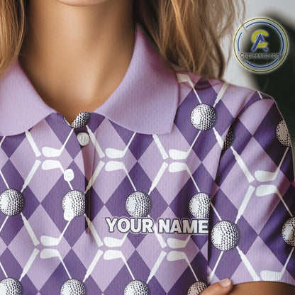 Women golf polo shirts custom purple argyle plaid pattern golf attire for ladies, golfer gifts NQS10078