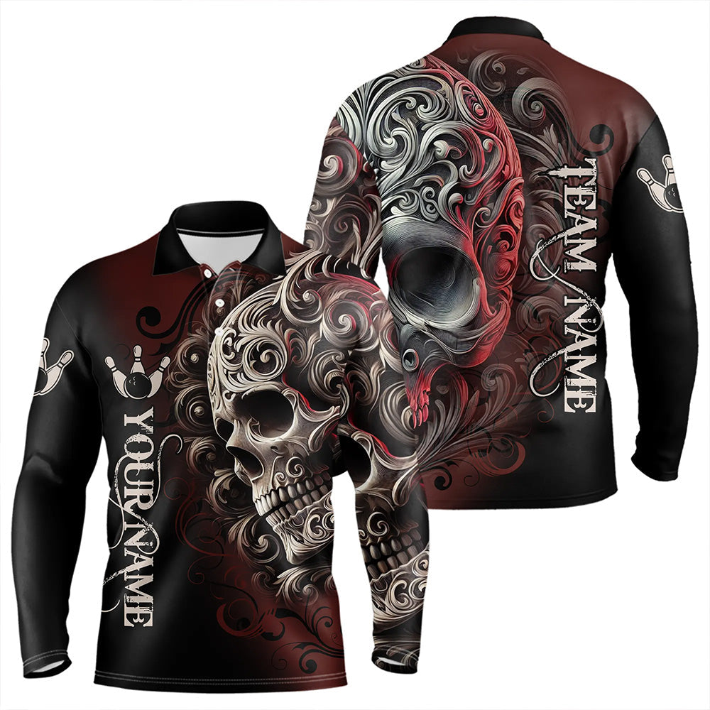 Red and Black Skull Scroll Men Bowling Polo, Quarter Zip Shirts Custom Skull Team bowling Jersey NQS9331