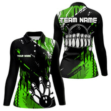 Load image into Gallery viewer, Black and Green Womens bowling shirts Custom retro bowling ball and pins bowling team league jerseys NQS9475