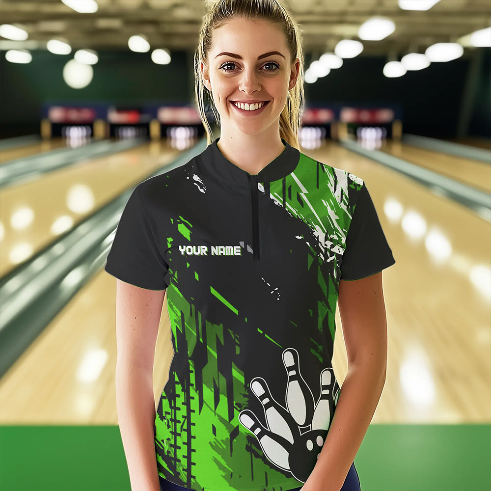 Black and Green Womens bowling shirts Custom retro bowling ball and pins bowling team league jerseys NQS9475