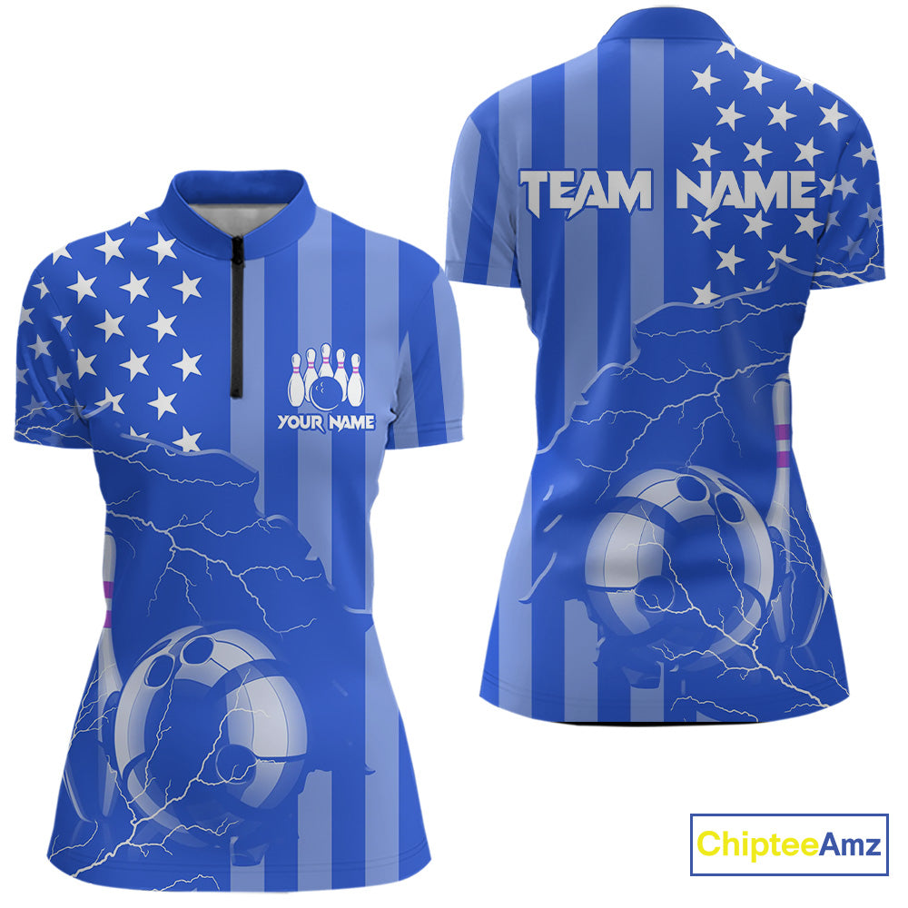 Personalized Blue American flag Lightning thunder Custom Bowling Team Shirts For Women Bowling Jersey NQS9857