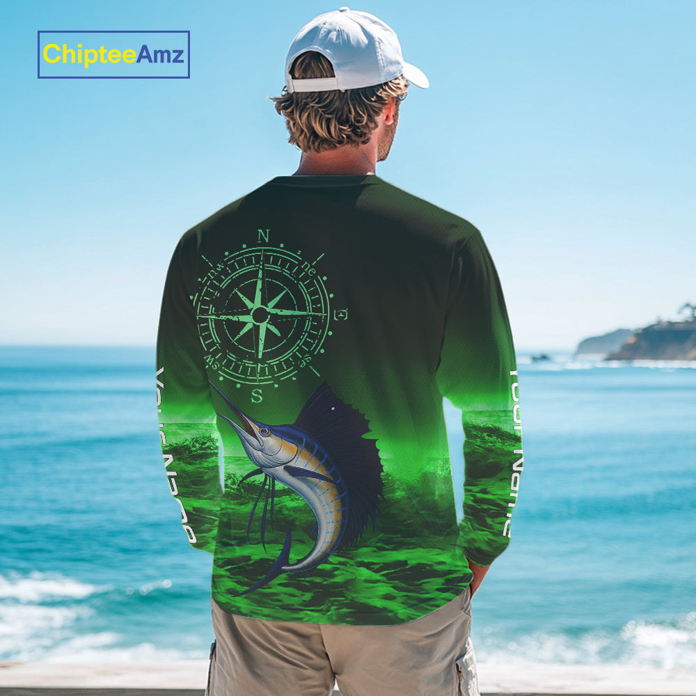 Personalized Sailfish Green Performance Fishing Shirts, compass Sailfish fishing tournament Shirts NQS10235