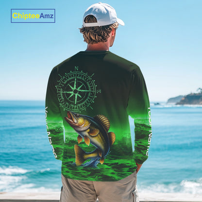 Personalized Walleye Green Performance Fishing Shirts, compass Walleye fishing tournament Shirts NQS10236