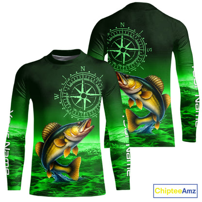 Personalized Walleye Green Performance Fishing Shirts, compass Walleye fishing tournament Shirts NQS10236