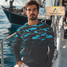Load image into Gallery viewer, Fishing black and blue camouflage UV long sleeve hooded camo fishing shirts Custom fishing apparel NQS10600