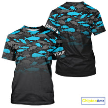 Load image into Gallery viewer, Fishing black and blue camouflage UV long sleeve hooded camo fishing shirts Custom fishing apparel NQS10600