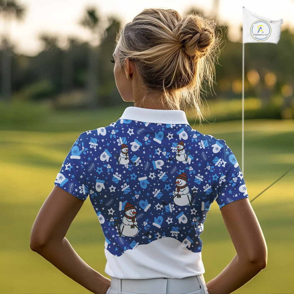 Blue and White Snowman Christmas pattern Golf Polo shirt For women Custom ladies Christmas golf shirt NQS11004
