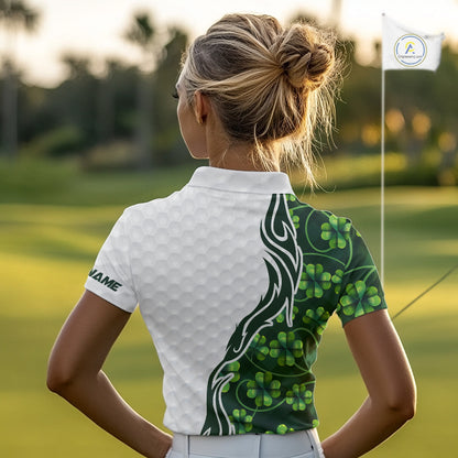 Custom White and Green shamrock pattern Women Golf Polo Shirts, St Patrick's day team ladies golf top NQS11208