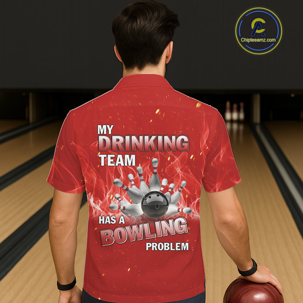 Personalized Red Flame Funny Bowling Button-up shirts My drinking team has a bowling problem NQS11615
