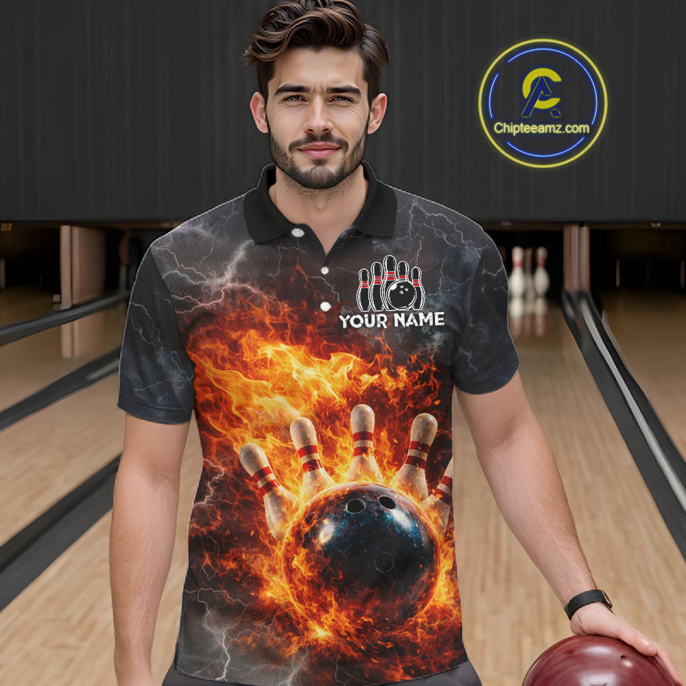 Custom Orange Flame Lightning Thunder Bowling shirts for Men, bowling team jerseys gift for bowlers NQS11618