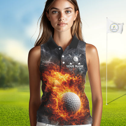 Custom Orange Flame Lightning Thunder Sleeveless Golf Polo Shirt, Golf attire For Ladies Golfing Gift NQS11619