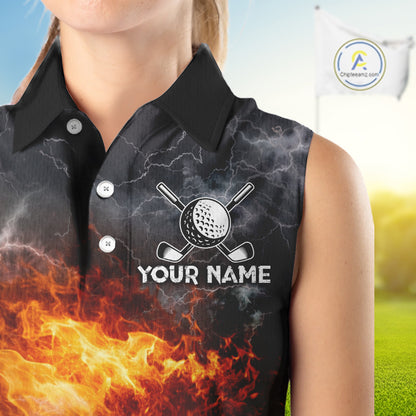 Custom Orange Flame Lightning Thunder Sleeveless Golf Polo Shirt, Golf attire For Ladies Golfing Gift NQS11619