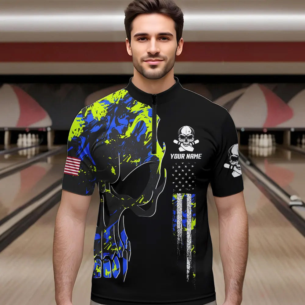 Skull Camouflage American Flag Mens Bowling Shirts Custom Patriotic Bowling Team Jerseys For Men NQS9642