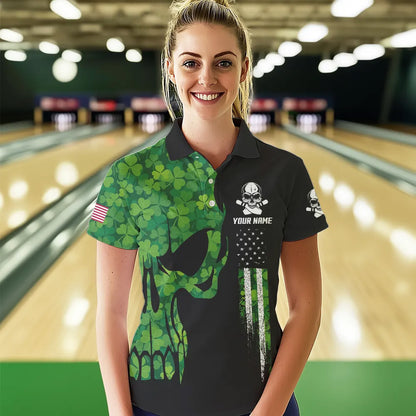 Skull Green Clover pattern American Flag Women Bowling Shirt Custom St Patrick Day Bowling Team Jersey NQS9643