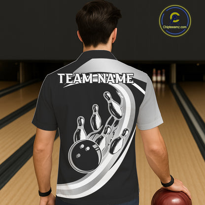 Black and Silver button-up bowling shirts Custom Bowling Team League Jerseys, Gift For Bowler NQS11416