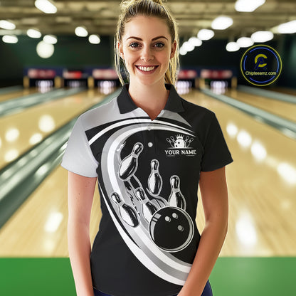 Black and Silver Bowling Shirts For Women Custom Bowling Team League Jerseys, Gift For Bowler NQS11416