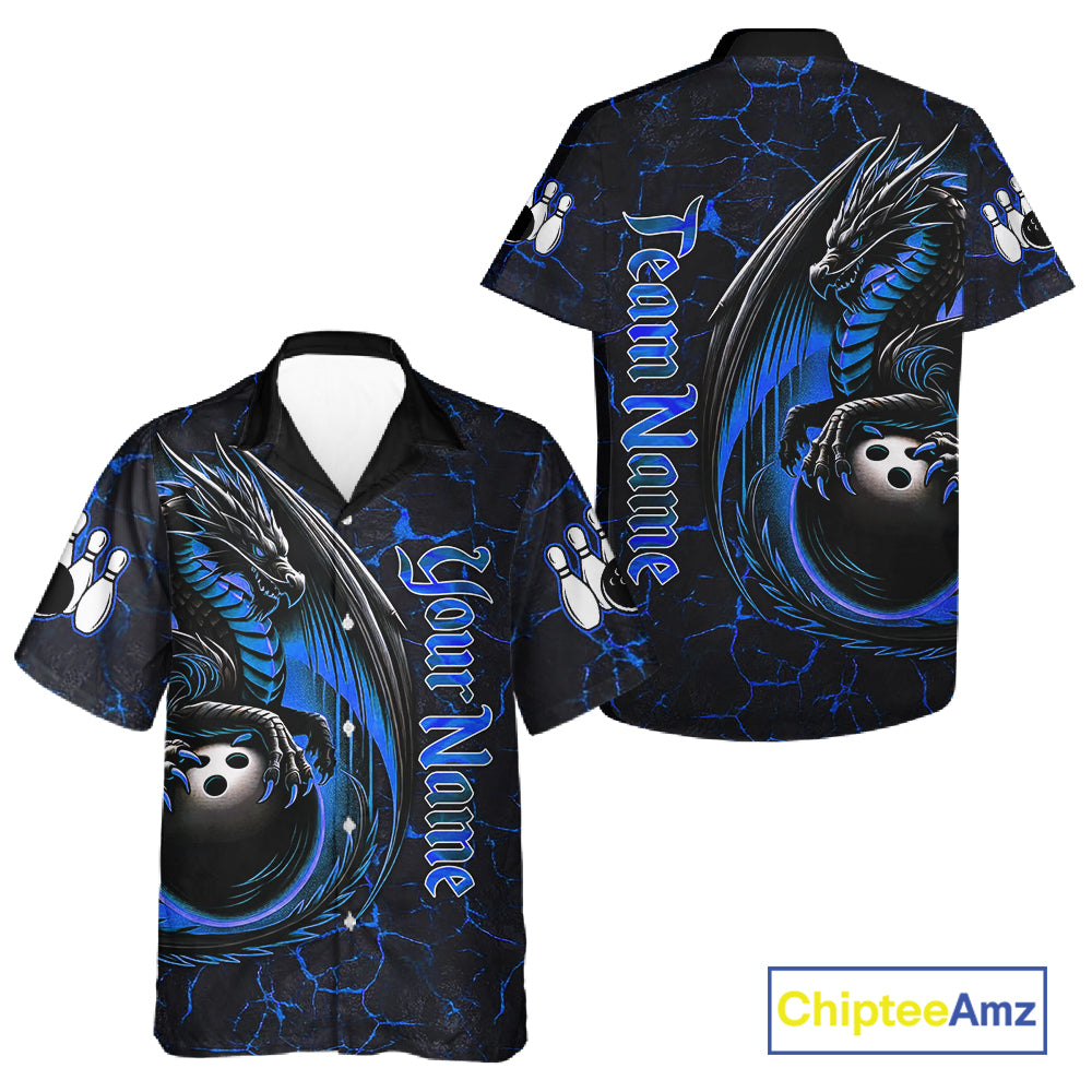 Black And Blue Custom Dragon Bowling Button-up Shirts, Dragon Hawaiian Bowling Team Shirts NQS11620