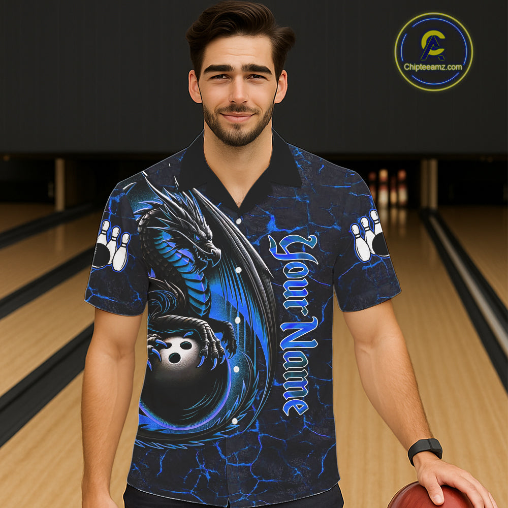 Black And Blue Custom Dragon Bowling Button-up Shirts, Dragon Hawaiian Bowling Team Shirts NQS11620