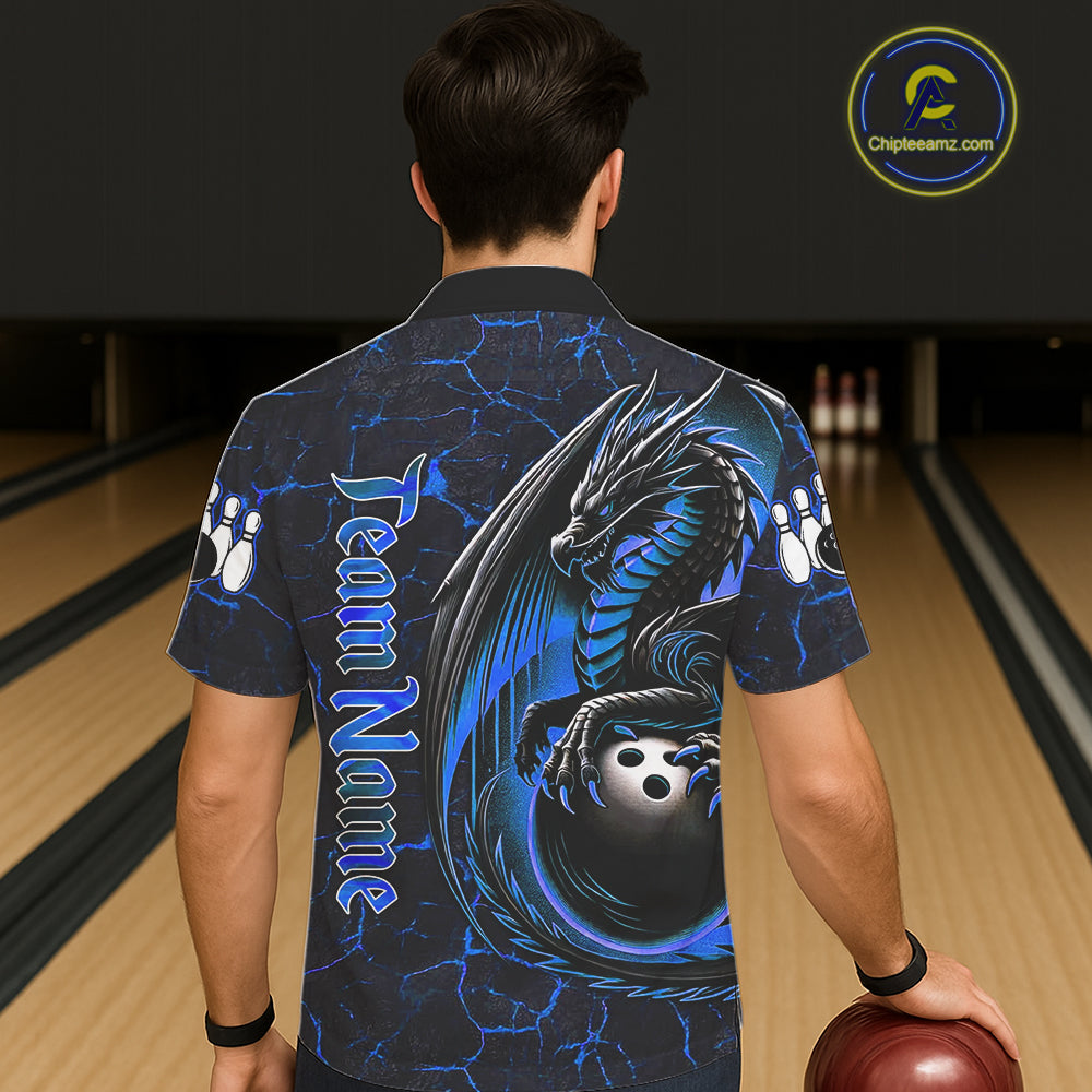 Black And Blue Custom Dragon Bowling Button-up Shirts, Dragon Hawaiian Bowling Team Shirts NQS11620