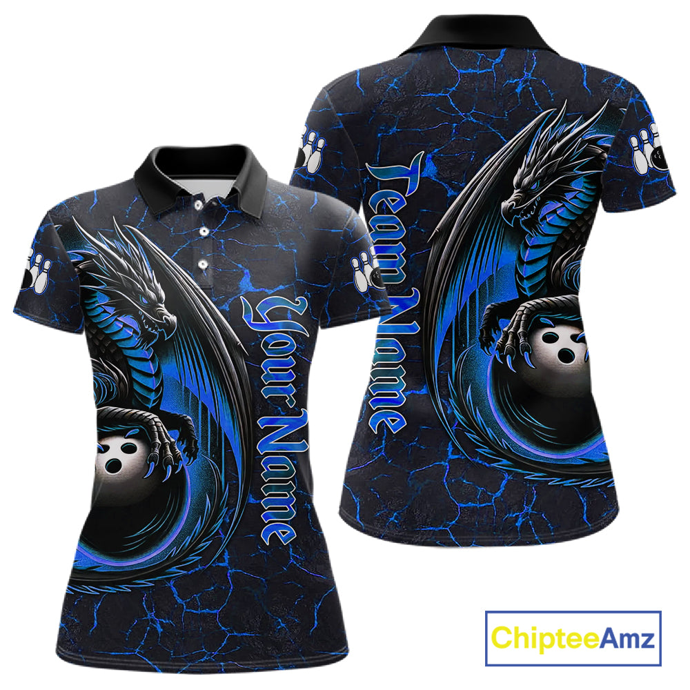 Black And Blue Custom Dragon Bowling Shirts For Women, Dragon Bowling Team Shirts NQS11620