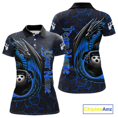Black And Blue Custom Dragon Bowling Shirts For Women, Dragon Bowling Team Shirts NQS11620