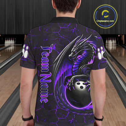 Black And Purple Custom Dragon Bowling Shirts For Men, Dragon Bowling Team Shirts NQS11621