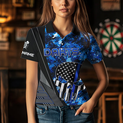 Black and White American Flag Skull Darts Blue Camo Darts Shirts For Women Custom Team Darts Jersey NQS9653