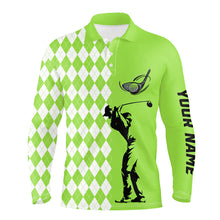 Load image into Gallery viewer, Personalized white argyle plaid pattern Mens golf polo shirts, custom Green golf tops for mens NQS7791