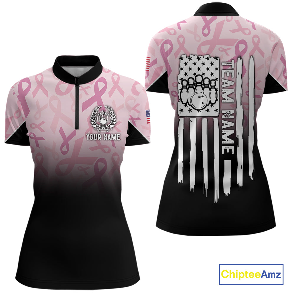 Womens bowling shirt Custom American flag patriotic Pink ribbon breast cancer bowling team jersey NQS10412