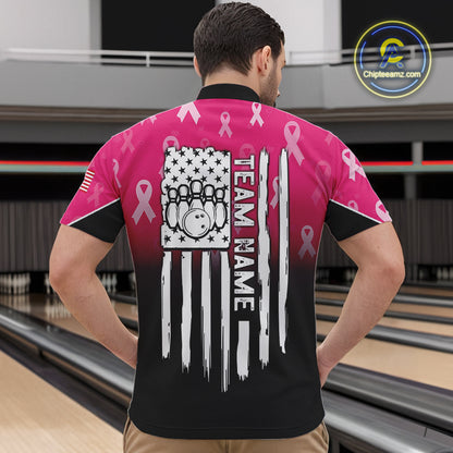 Custom American flag patriotic Pink ribbon breast cancer bowling shirt for men bowling team jersey NQS10413