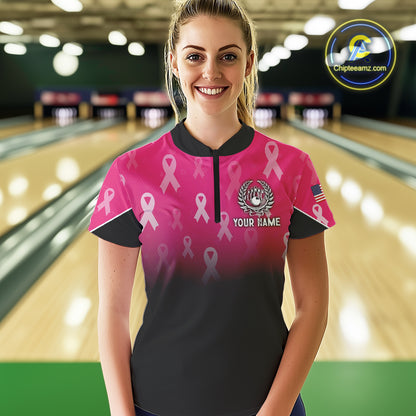 Custom American flag patriotic Pink ribbon breast cancer bowling shirt for Women bowling team jersey NQS10413